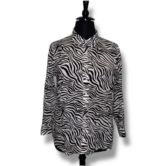 TALBOTS BUTTON FRONT ZEBRA SHIRT - Plus 1X Black/White - Picture 2 of 13